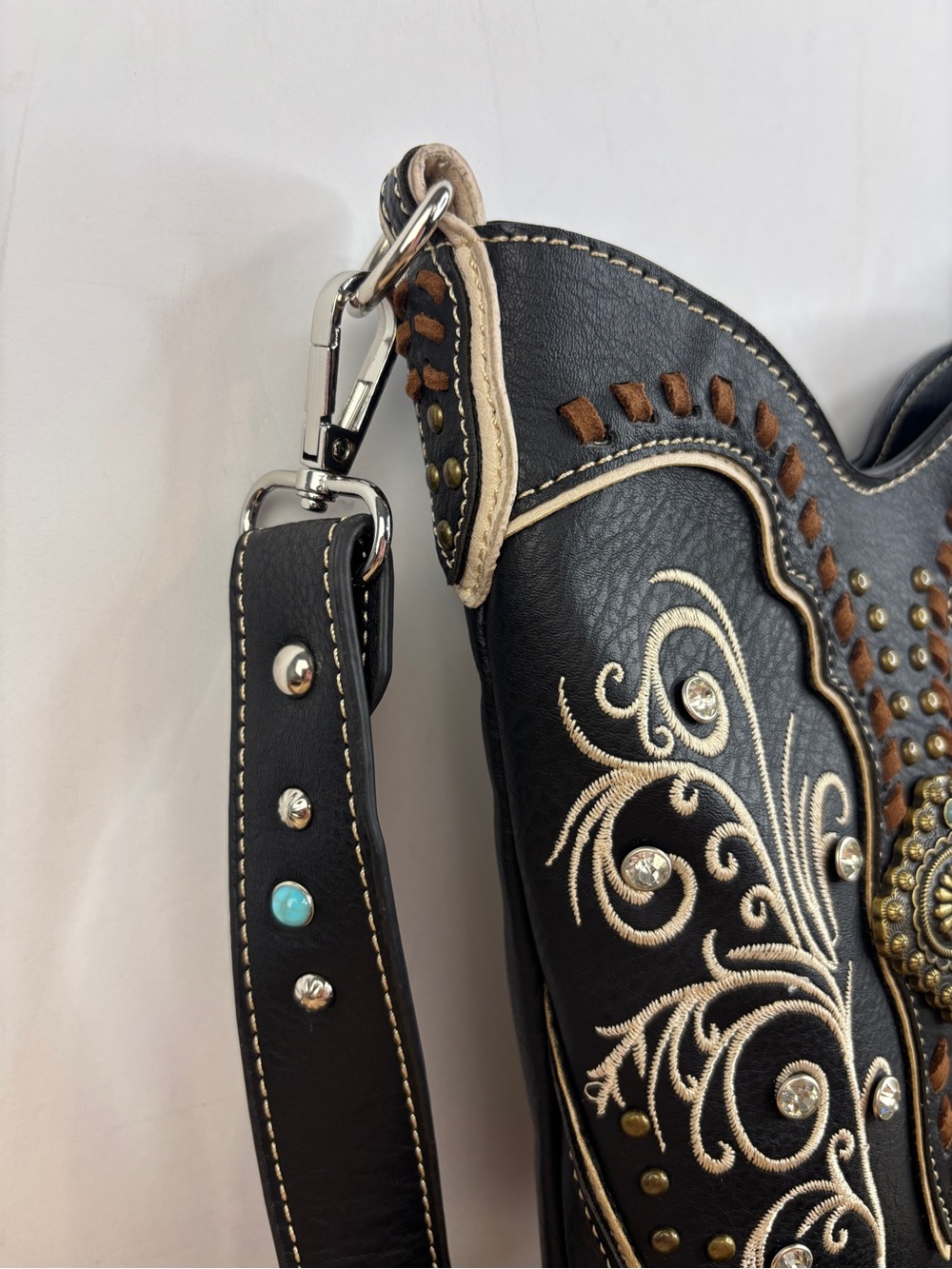 Fringed Embroidered Black Vegan Leather Crossbody Bag with Turquoise Concho - Picture 4 of 12
